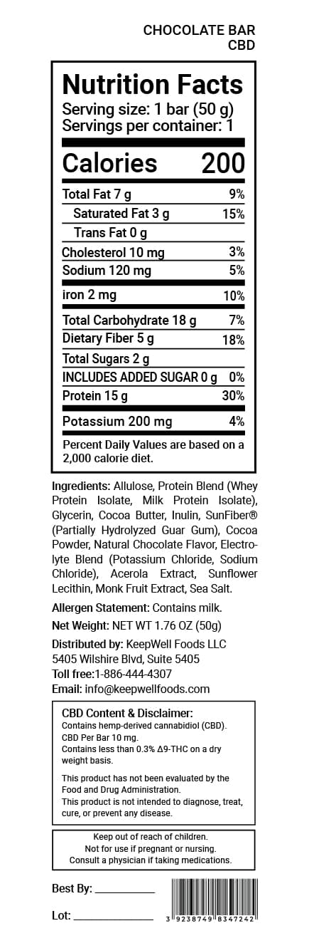 Chocolate Protein Bar (CBD) Nutrition Facts